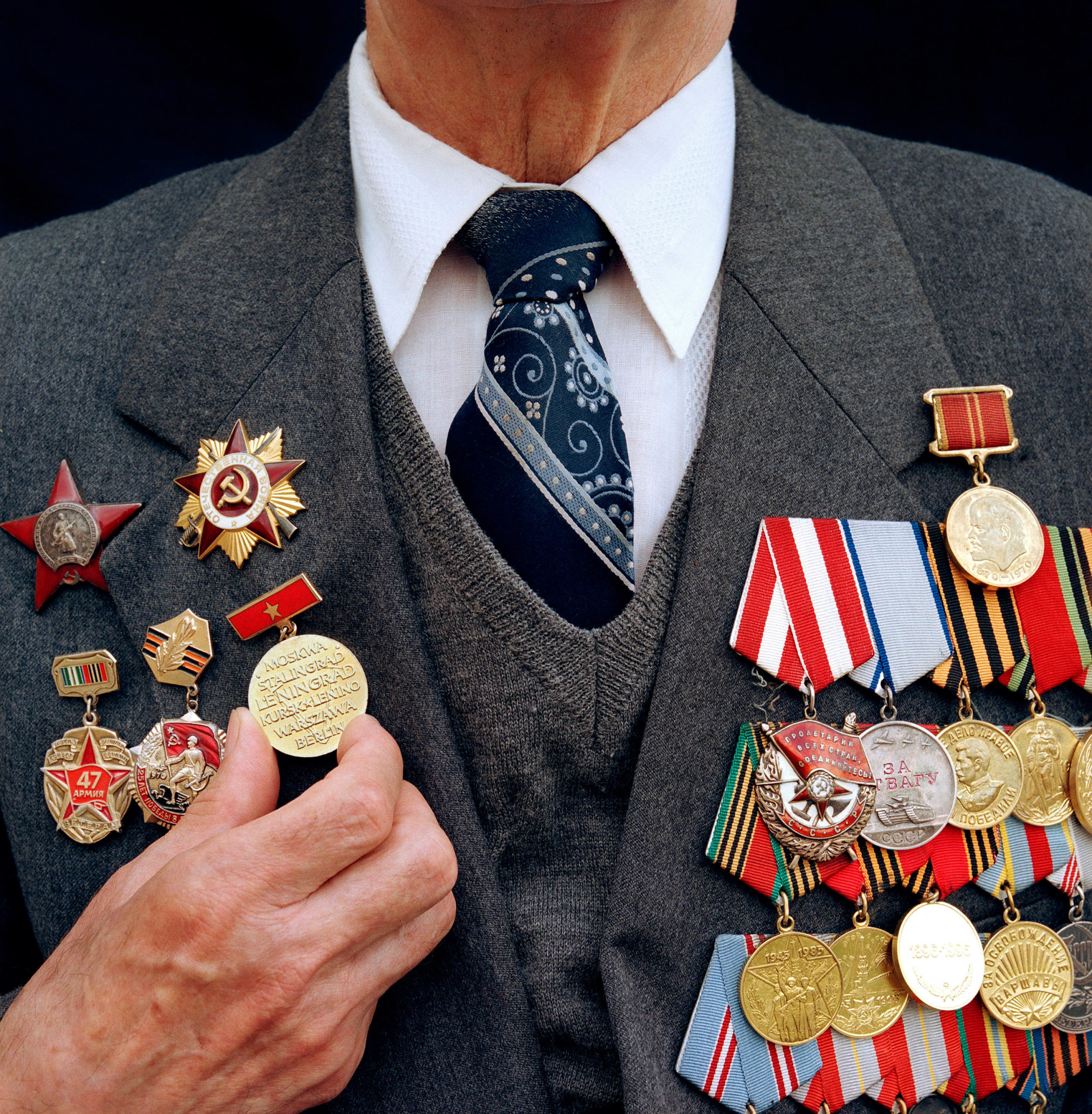 Russia, Moscow. Victory Day. War veteran Alexey Chelyapin’s medals.