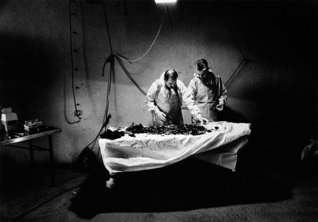 Yugoslavia Tribunal investigators collect evidence of Serbian warcrimes from bodies from a massgrave. Suva Reka, Kosovo, 1999