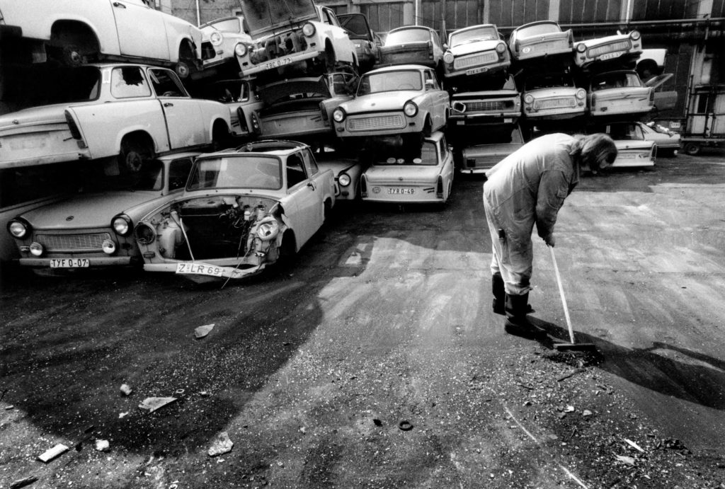 Scrap Trabants on the factory site where, after production ended, parts recycling was located, 1992