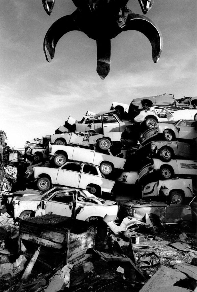 Scrap Trabants on the factory site where, after production ended, parts recycling was located, 1992